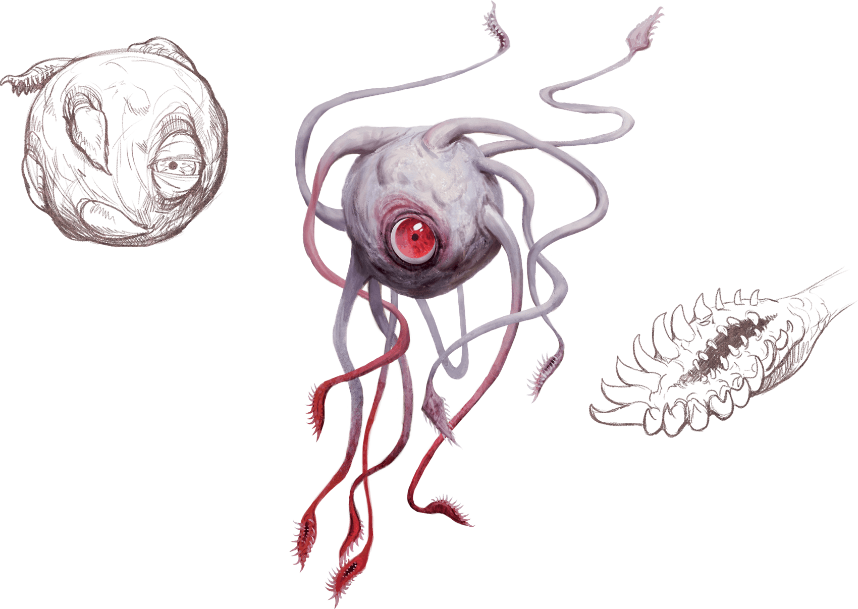Drawings of the Death Kiss, a Beholderkin with long thin tentacles that suck blood.