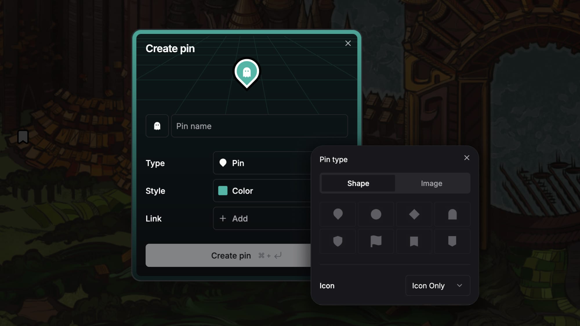LegendKeeper's new pin picker, showing a stylish new dialog and shape-picker for various pin shapes.