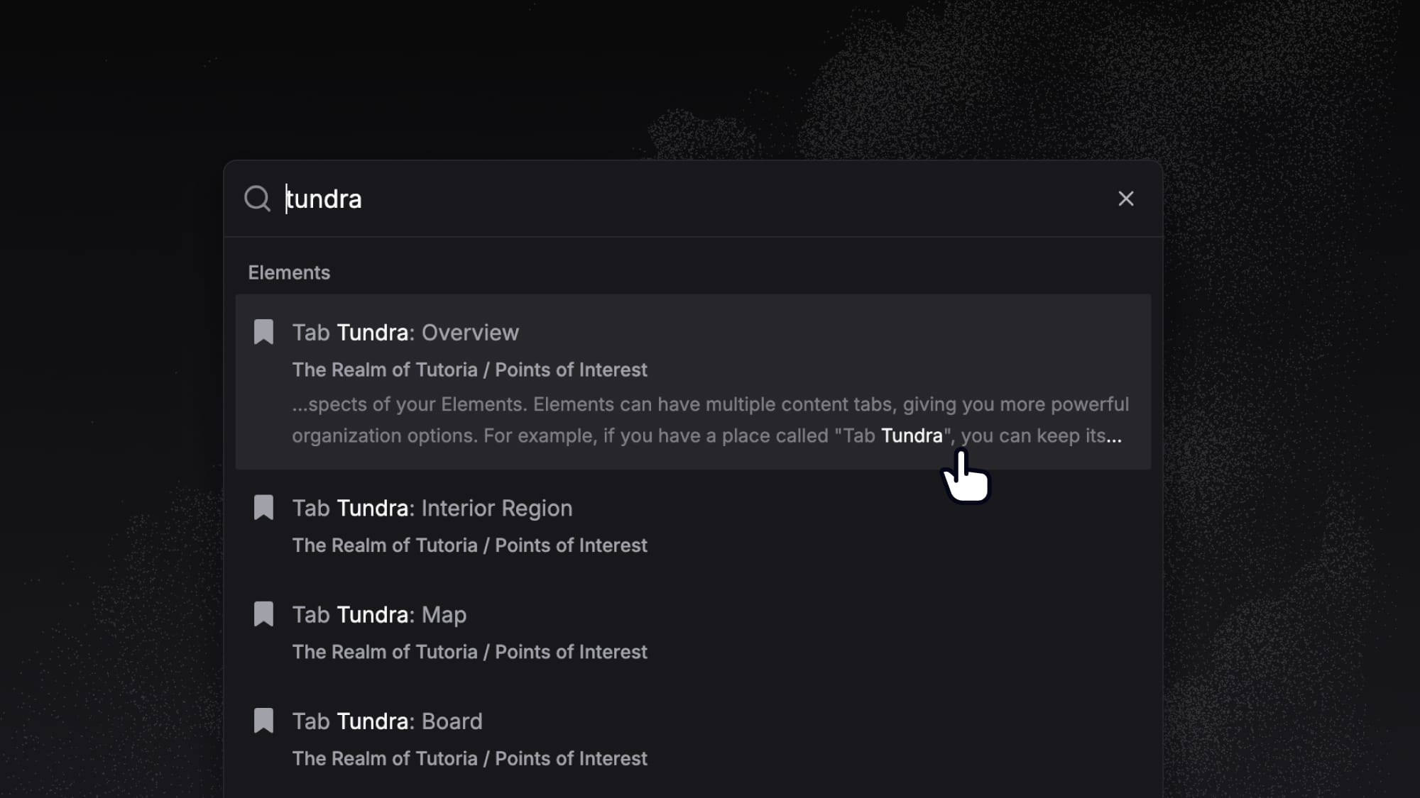 A list of LegendKeeper search results, showing search matches from the body of an article.