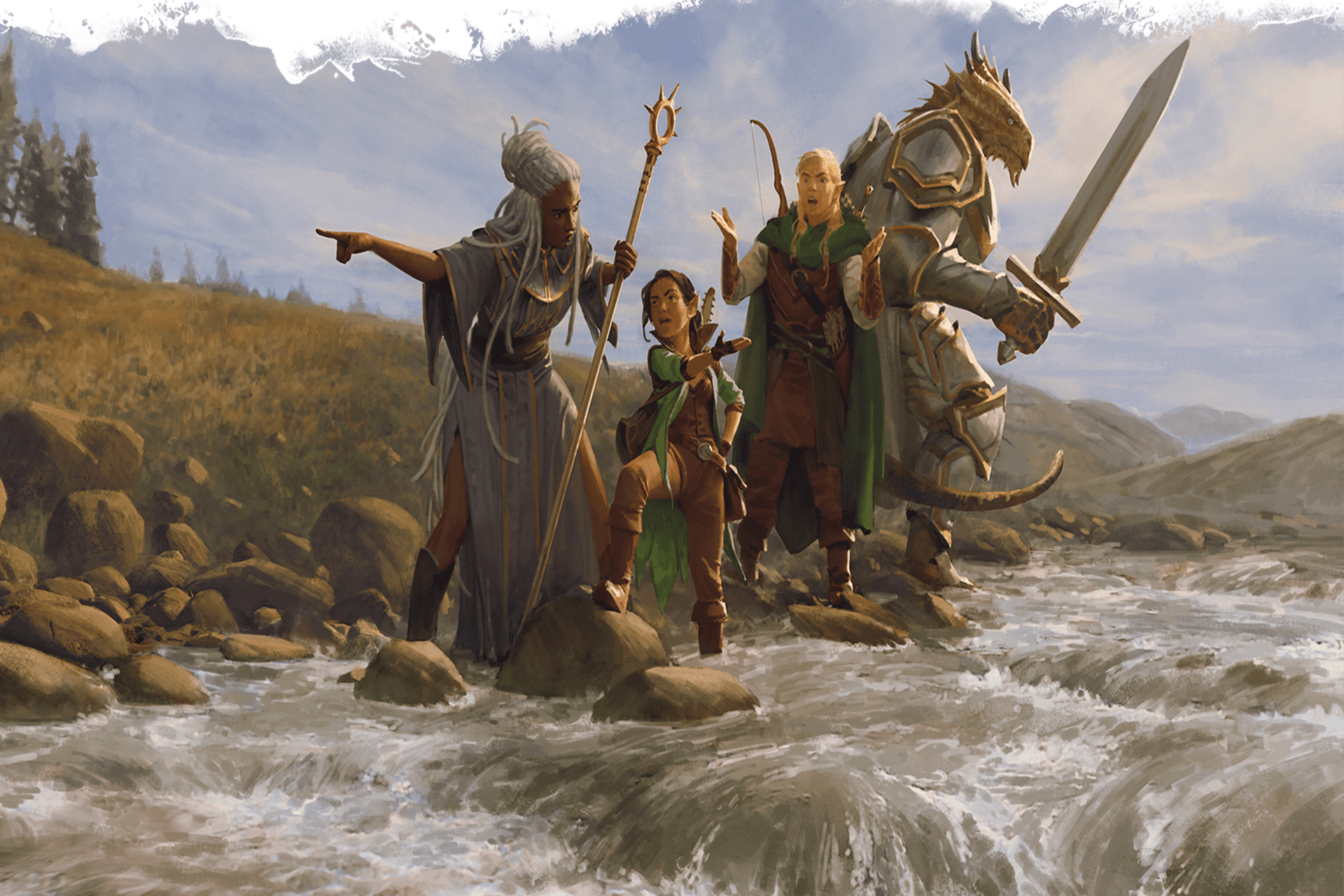 Artwork for the Dungeons & Dragons: Dungeon Master's Guide, featuring a party of adventurers crossing a river.