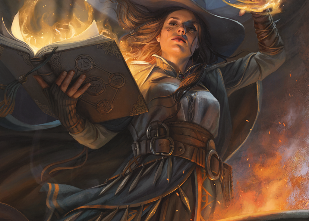 The front cover of D&D book - Tasha's Cauldron of Everything - depicting the spellcaster herself.
