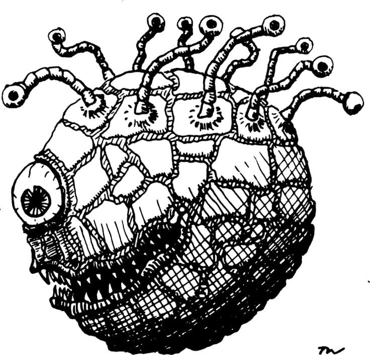 Artwork of an early depiction of a Beholder, found in the Advanced Dungeons & Dragons Monster Manual (1977)