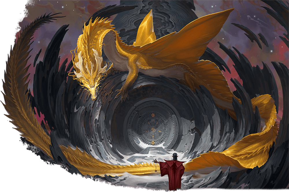 Artwork for Dungeons & Dragons, depicting a gold dragon atop a door.