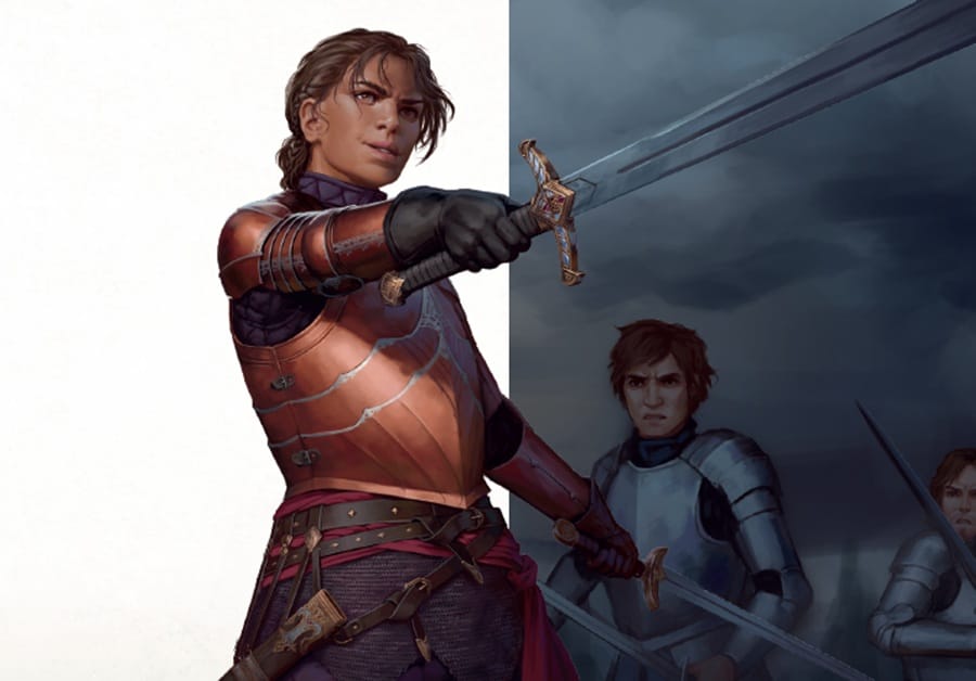 Artwork for Darrington Press showing a guardian challenging an opponent.