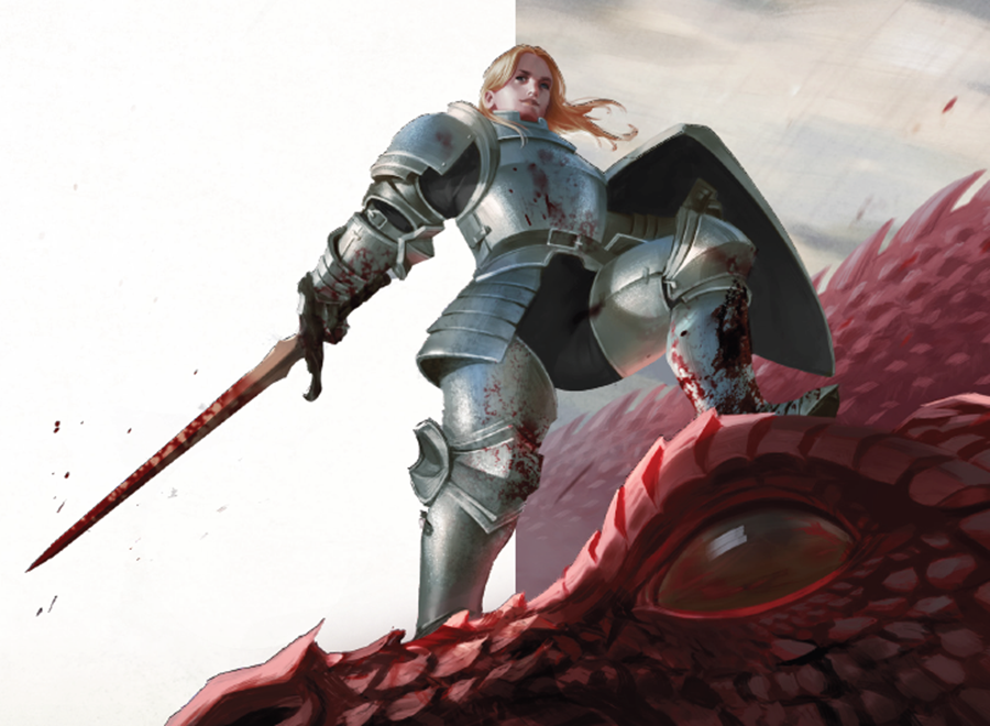 Artwork for Daggerheart, depicting a warrior standing atop a dragon they've slain.