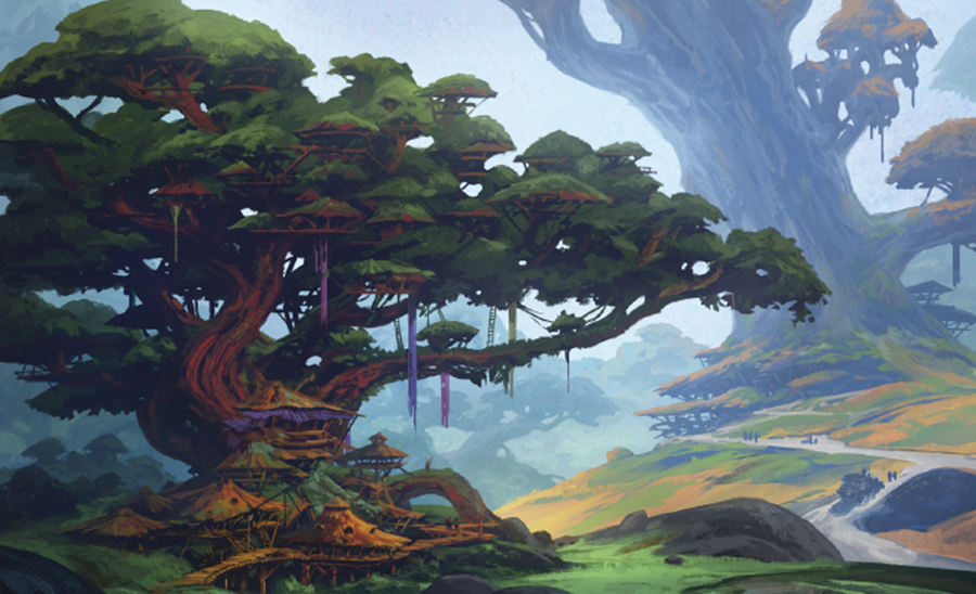 Artwork for Daggerheart featuring a forest community held within a tree.