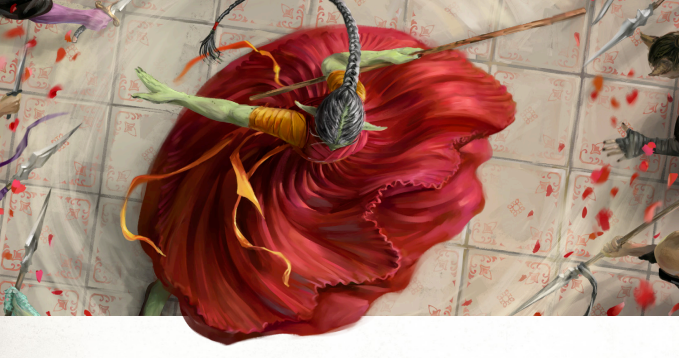 Artwork for Daggerheart showing someone dancing in a red dress.