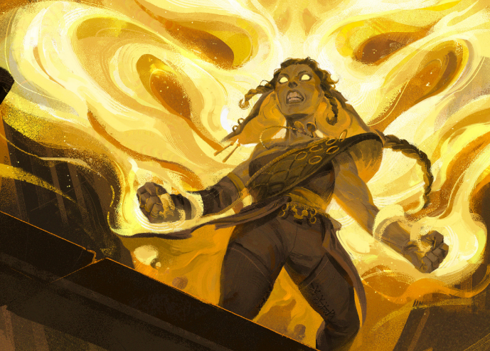 Artwork for Daggerheart that features a goblin casting a fire spell.