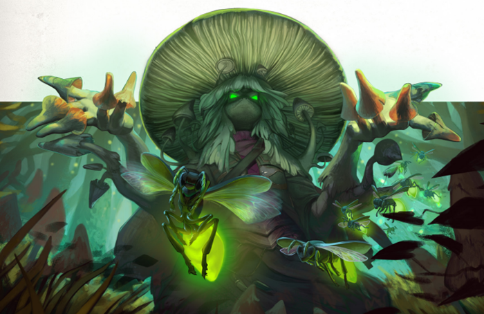 Artwork for Daggerheart depicting a fungril sitting in a forest with fireflies.