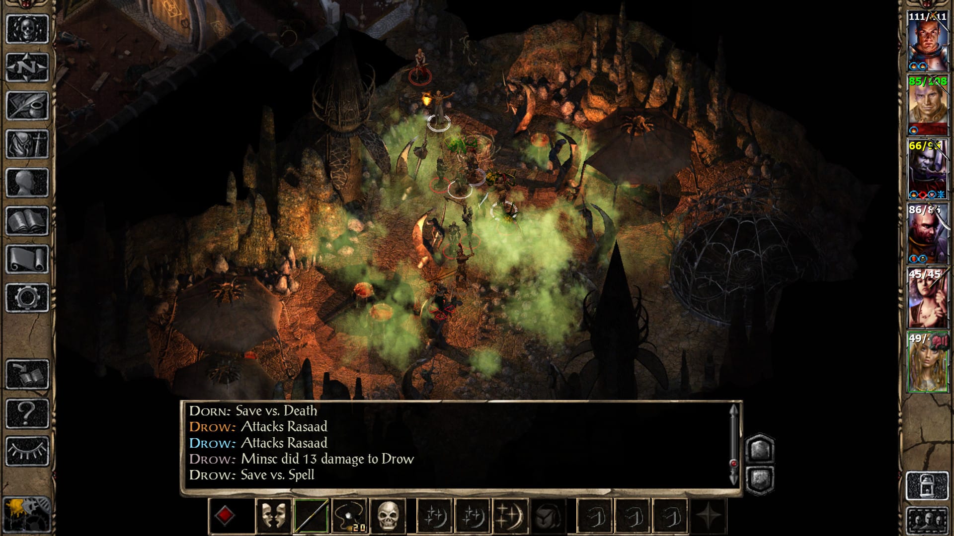 A screenshot from Baldur's Gate II depicting a fight between the player's party and some Drow.