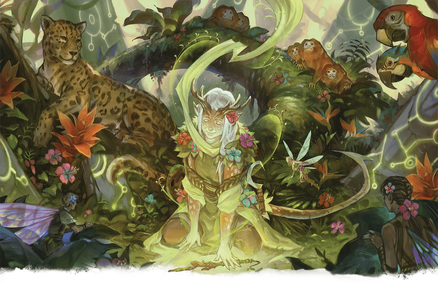 Artwork for Dungeons & Dragons: Player's Handbook (2024) featuring a Druid casting a spell, surrounded by animals. 