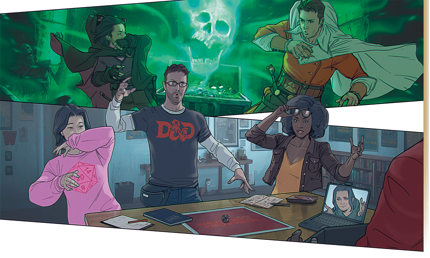 Artwork for Dungeons & Dragons: Player's Handbook (2024) that depicts a group of D&D players alongside their in-game characters.