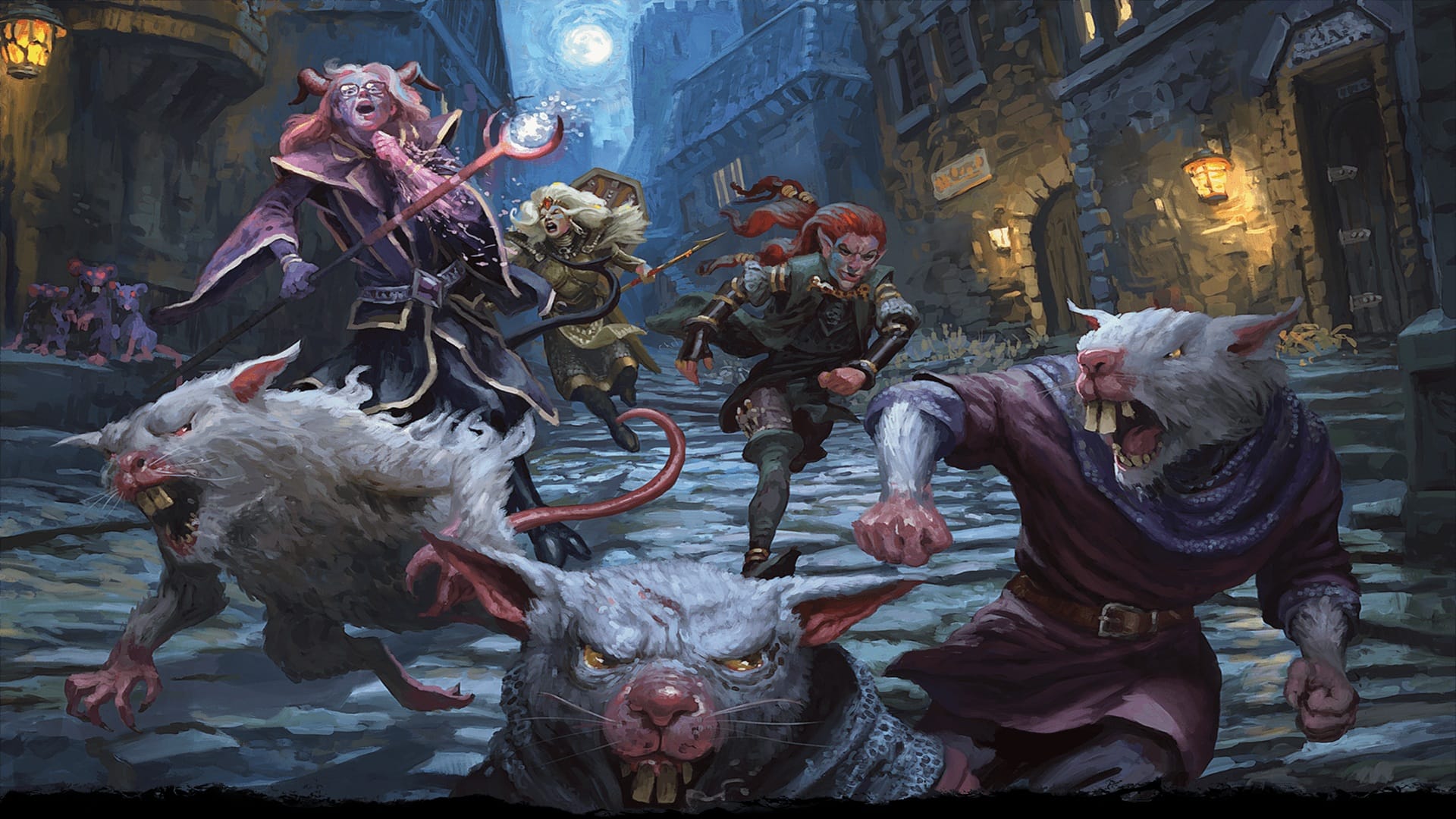 Artwork for the Dungeons & Dragons: Dungeon Master's Guide with a band of adventures chasing a group of rat people.
