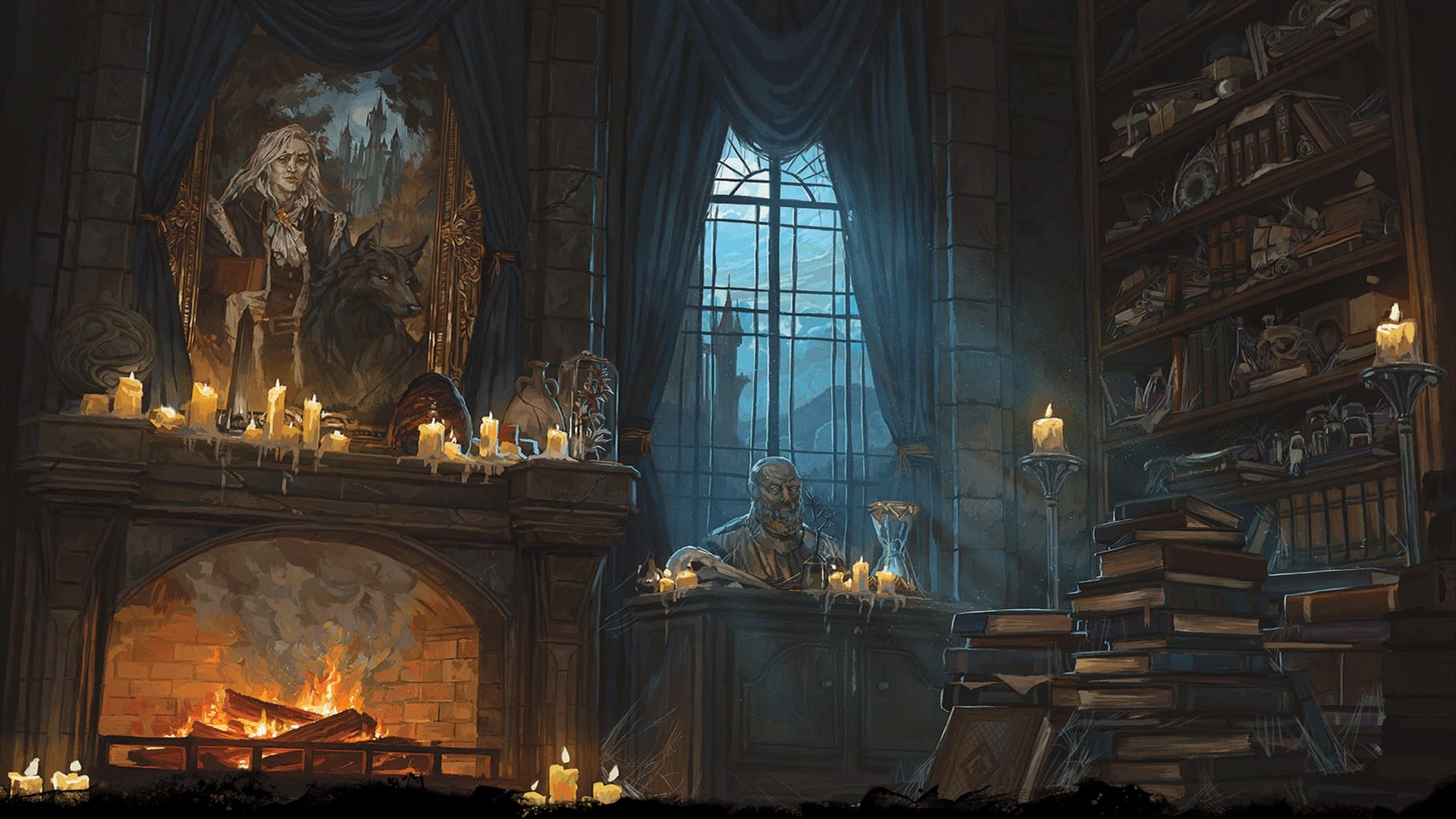 Artwork for the Dungeons & Dragons: Dungeon Master's Guide showing a dark dungeon library.