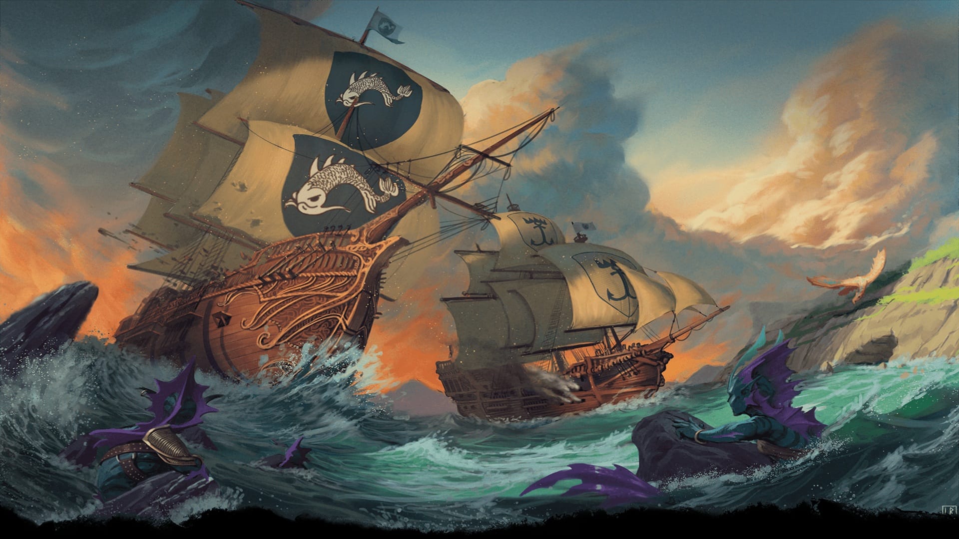 Artwork for the Dungeons & Dragons: Dungeon Master's Guide featuring two ships battling with each other.