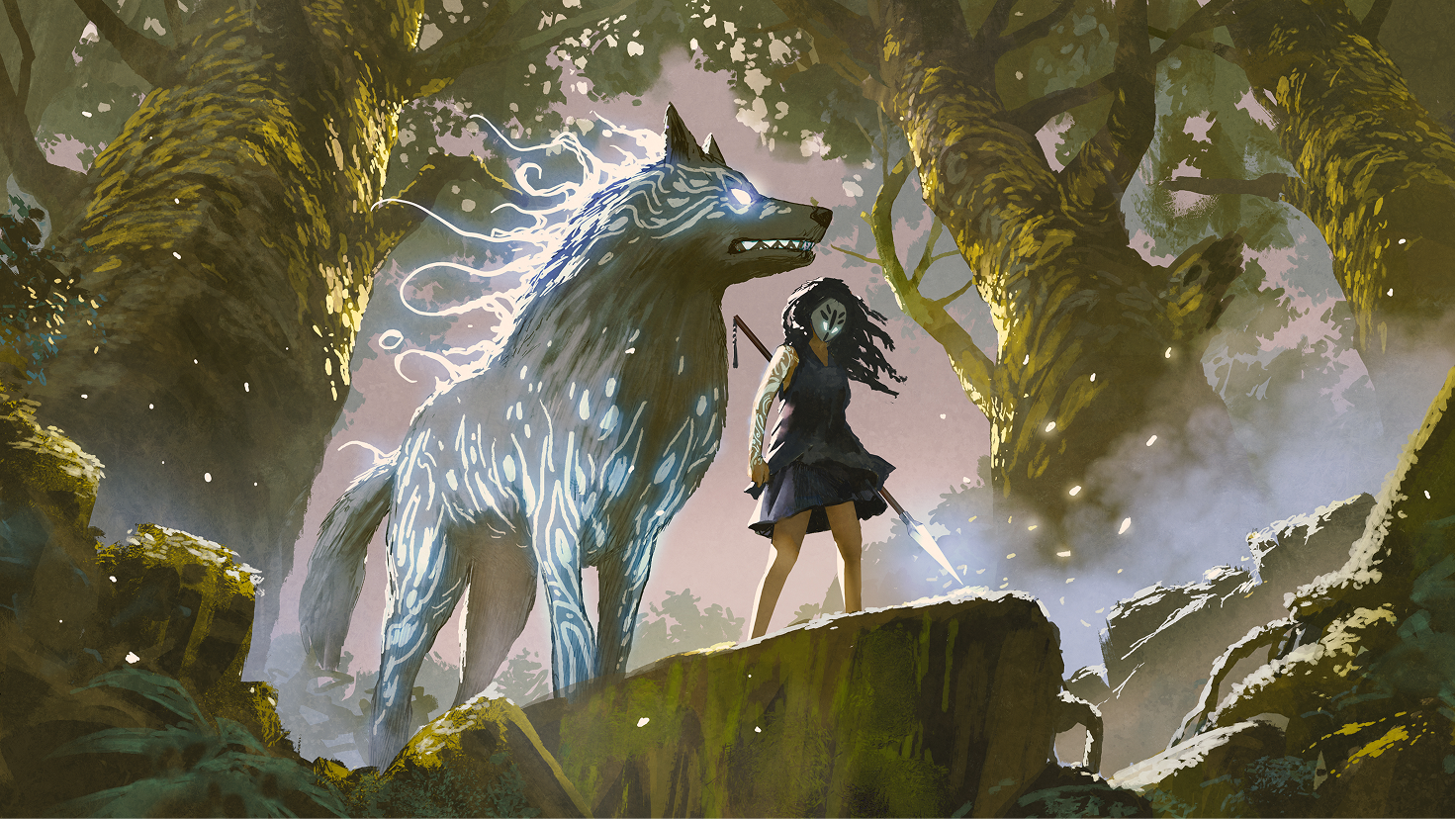 Artwork featuring a magical wolf and a warrior in a forest.