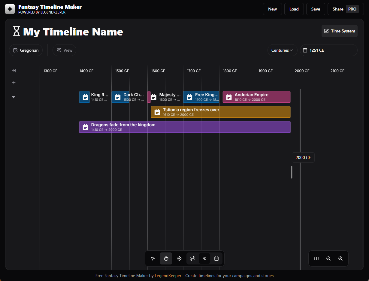 Screenshot of LegendKeeper's free Timelines tool in Gantt view.