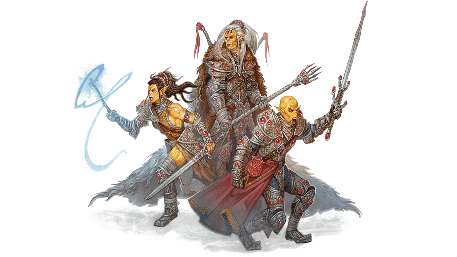 Artwork of a group of Gith warriors, including a sword-wielder and a magic-caster, for Dungeons & Dragons.