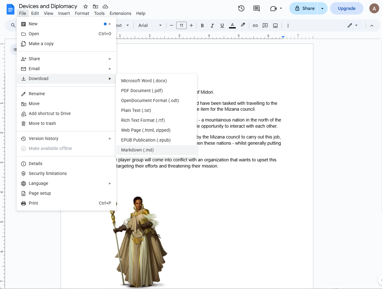 A screenshot of the download menu for Google Documents.