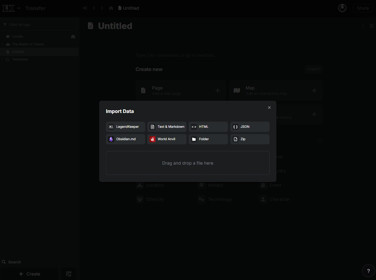 A screenshot for the LegendKeeper platform, showing the import data menu.