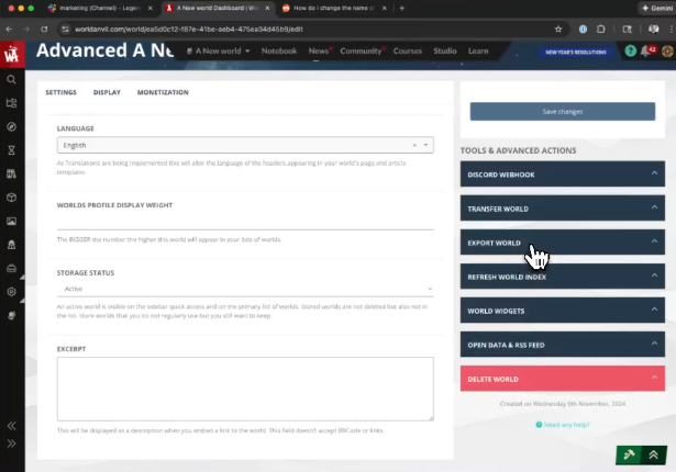 A screenshot of the export menu from World Anvil.