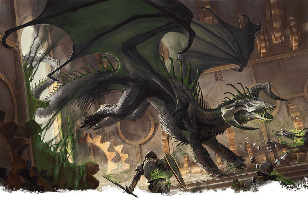 Artwork of a Black Dragon from Dungeons & Dragons, crashing through a window and attacking some guards.