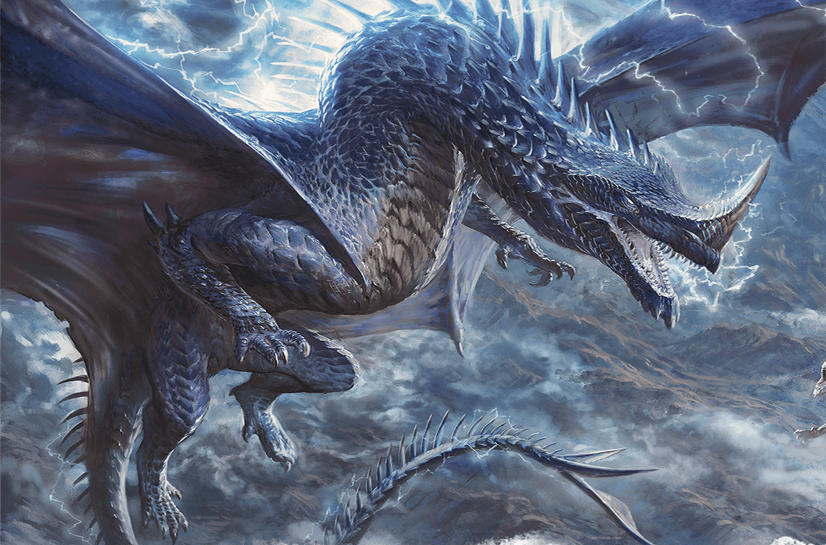 Artwork of a Blue Dragon from Dungeons & Dragons, flying and spitting lightning.