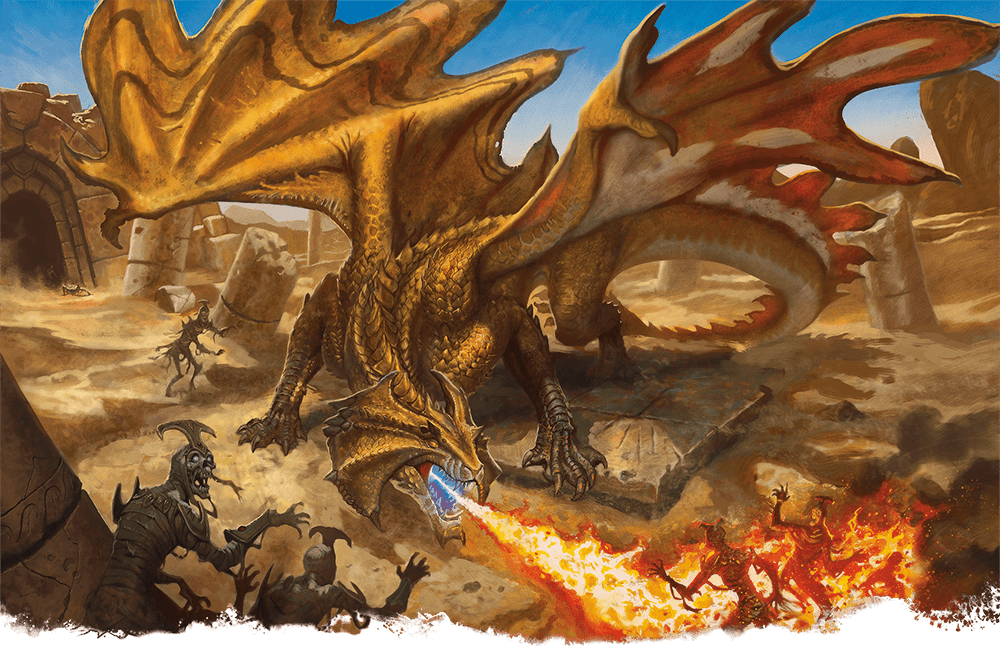 Artwork of a Brass Dragon from Dungeons & Dragons, setting alflame to skeletons.