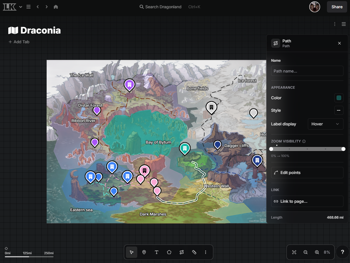 A screenshot from the LegendKeeper platform showing a map featuring several Paths.