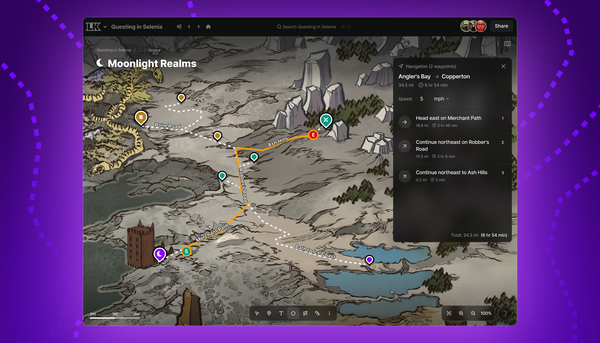 A screenshot of the LegendKeeper platform showing a map including Regions, Pins, Paths, and multiple collaborators.