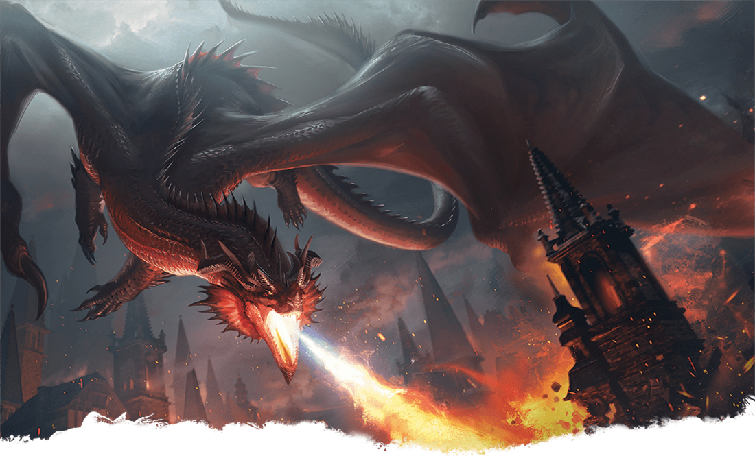Artwork of a Red Dragon from Dungeons & Dragons, setting fire to a building.