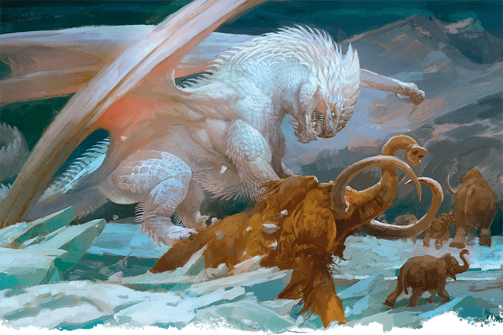 Artwork for a White Dragon from Dungeons & Dragons, attacking a woolley mammoth.