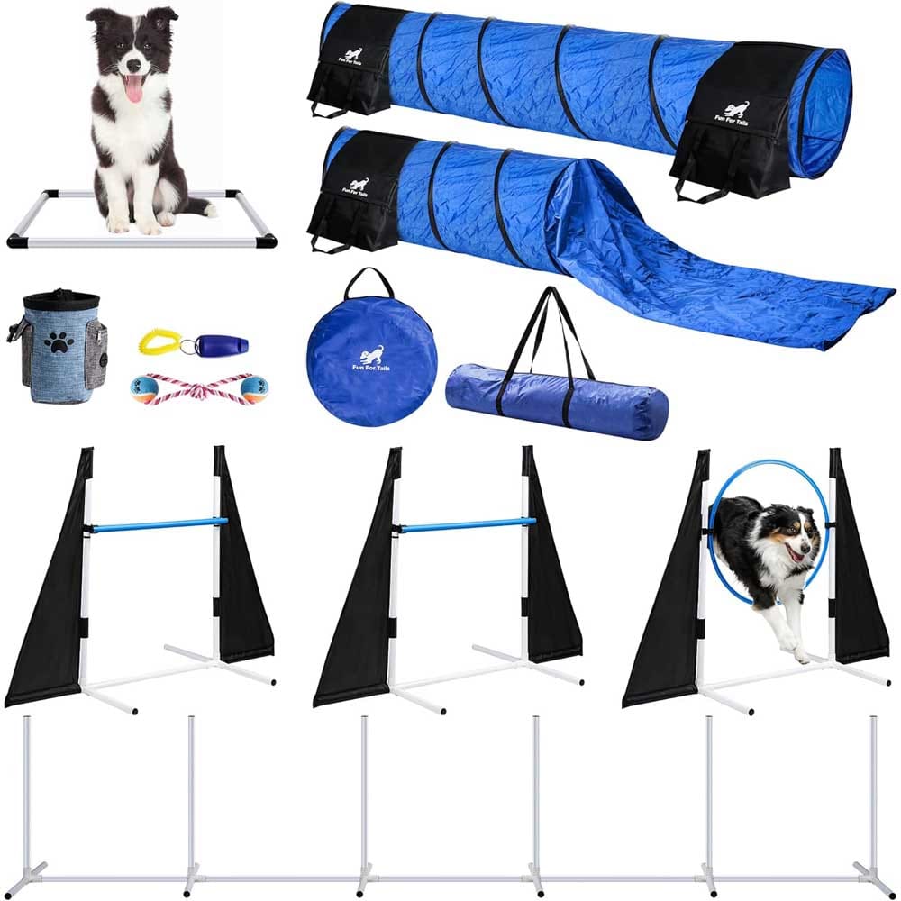 Dog agility training kit with jumps, tunnels, weave poles, and accessories — portable obstacle course for indoor and outdoor play