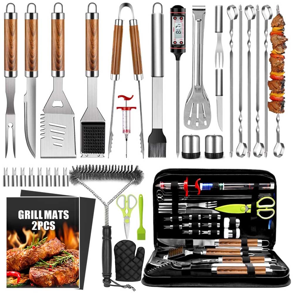 34-piece stainless steel BBQ tool set with grill tongs, spatula, skewers, thermometer, gloves, and carry case — complete grilling kit