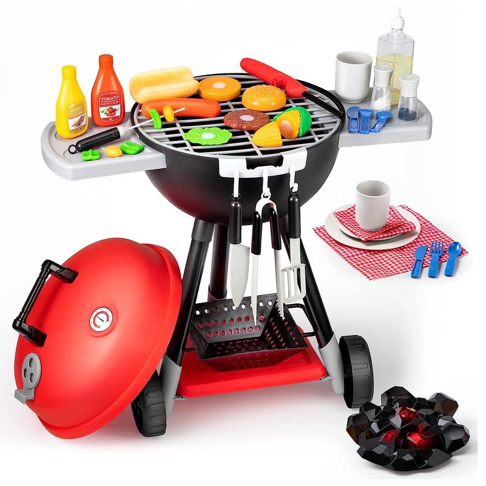 Toy BBQ grill playset with 34 accessories including pretend food, utensils, and condiments — imaginative outdoor cooking toy for toddlers