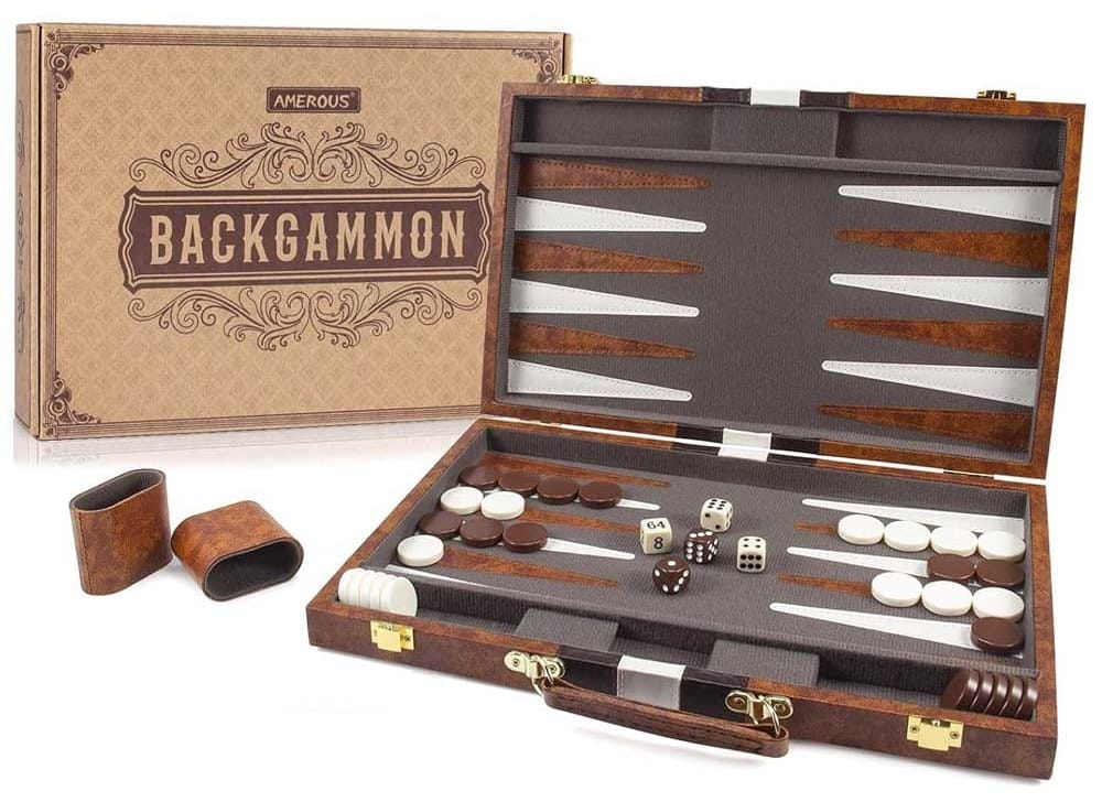 Classic backgammon set with felt-lined board, leatherette case, and full playing set — elegant gift for game-loving husbands or couples