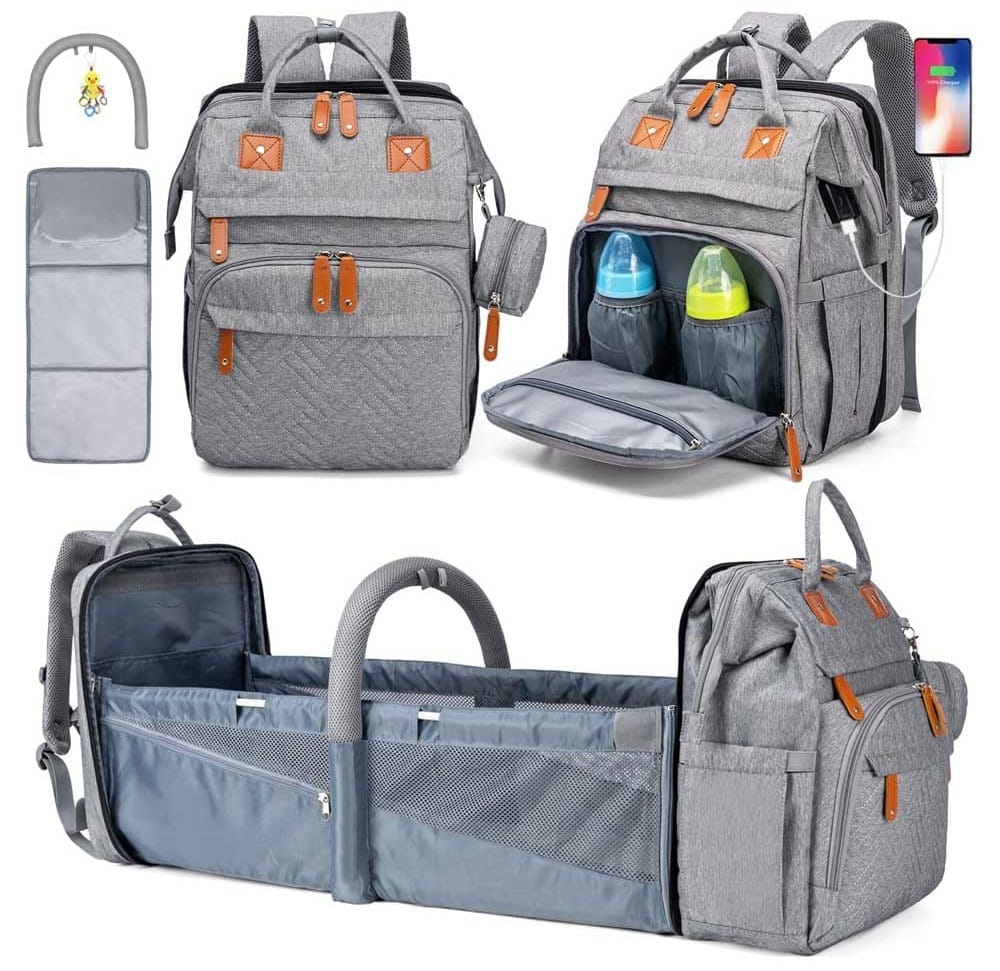 Multifunctional diaper backpack that converts into a portable baby bassinet and changing station — ideal travel gift for new moms