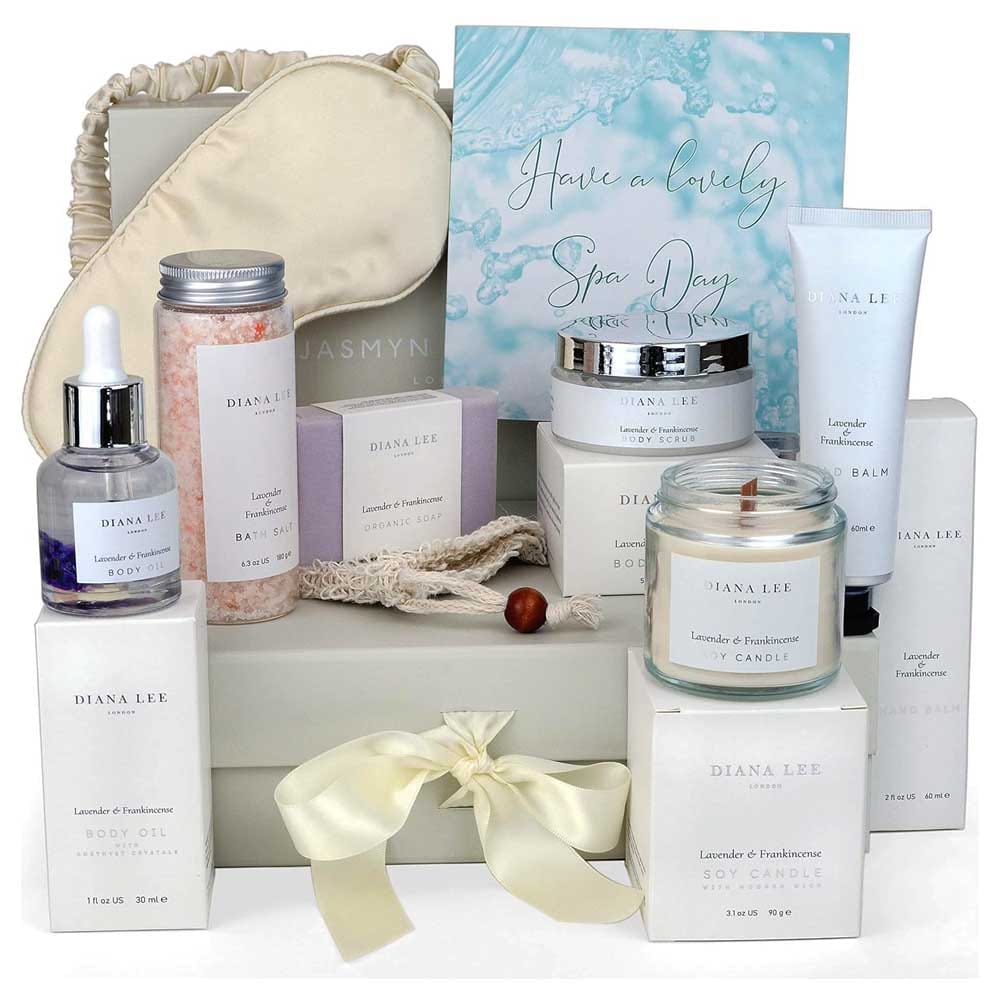 Lavender-themed luxury bath spa gift set with candle, bath salts, body oil, and gift box — the perfect pampering present