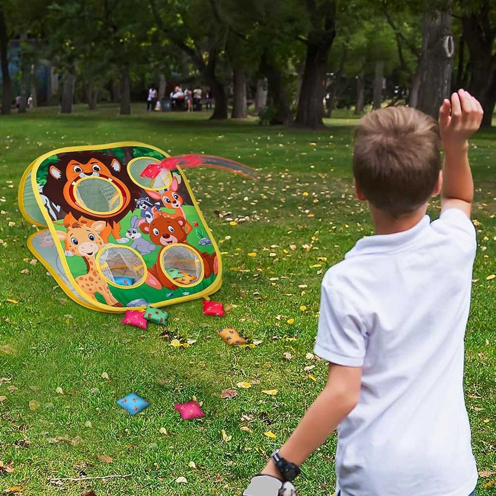 Toddler bean bag toss game with animal-themed board, 10 beanbags, balls, and ground stakes — portable outdoor game for active play and coordination