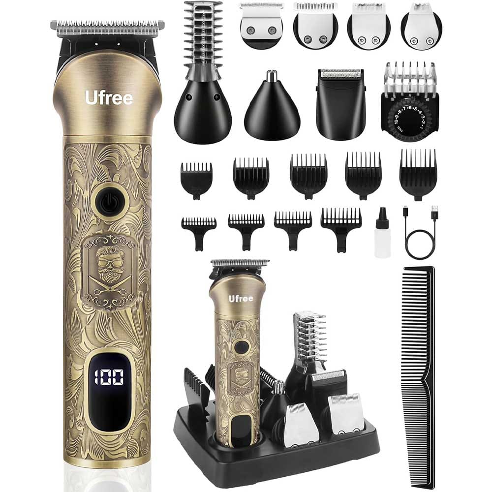 Cordless beard trimmer grooming kit with metal body, multiple heads and combs, nose hair trimmer, and accessories — stylish and powerful