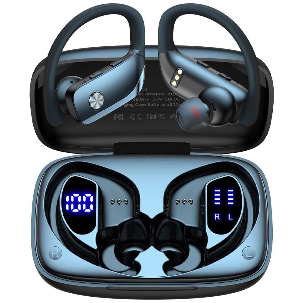 Wireless Bluetooth sport headphones with LED charging case and ear hooks — ideal gift for dog walkers who love music or podcasts on the go