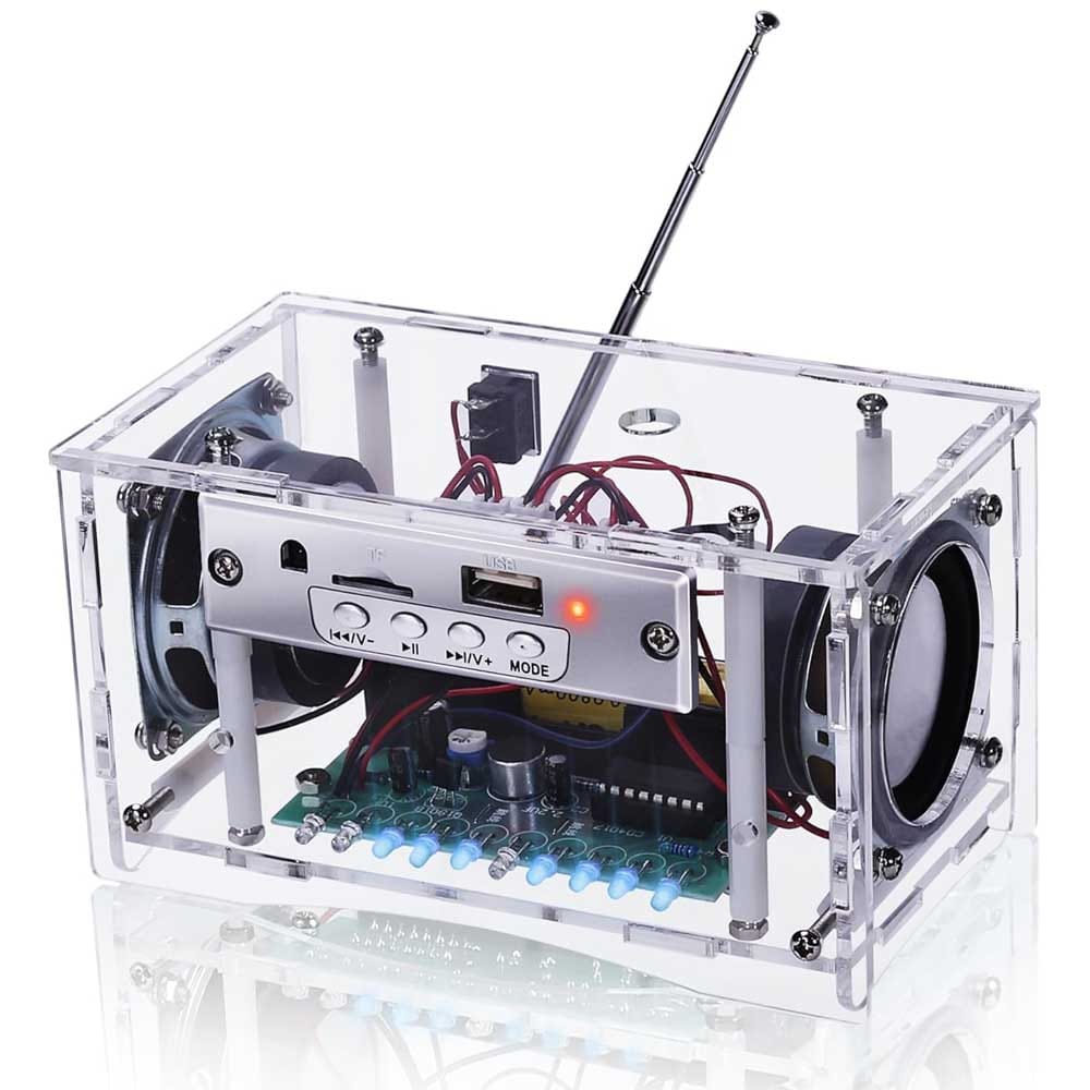 DIY Bluetooth speaker and FM radio kit with soldering components, LED lights, and transparent acrylic case — STEM electronics project