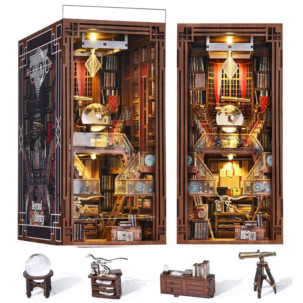 DIY miniature book nook kit styled like a vintage library — wooden puzzle bookend gift for readers and crafters
