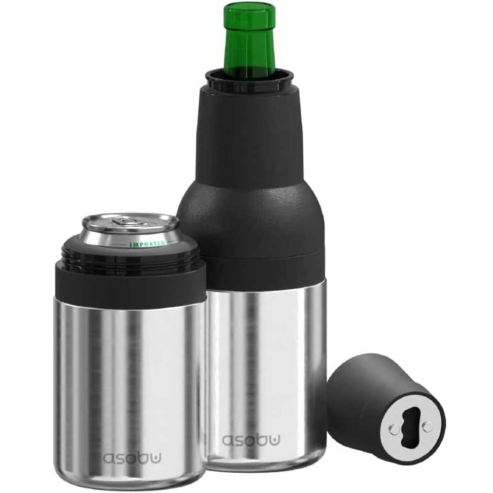 Vacuum insulated stainless steel beer can and bottle cooler with built-in opener — keeps drinks cold for hours, perfect for parties and outdoor fun