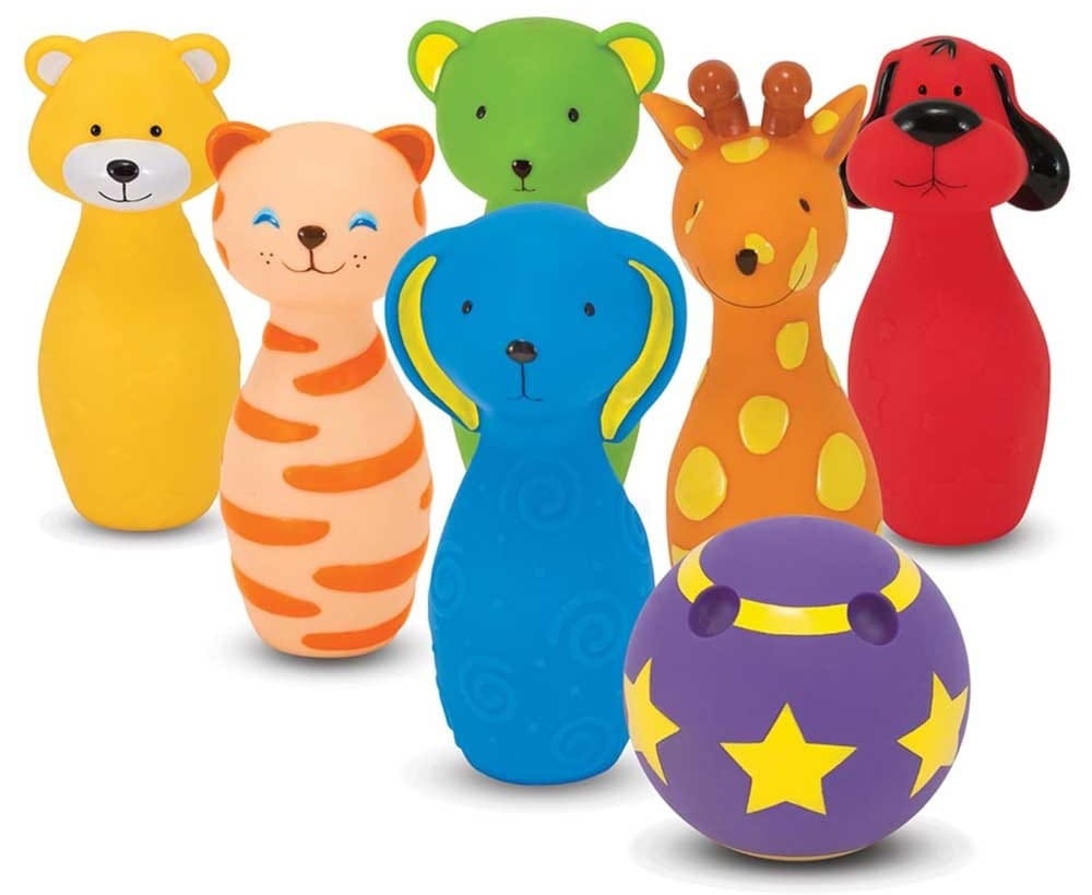 Colorful toddler bowling set with animal-themed pins and soft ball — perfect for indoor or outdoor play and motor skill development