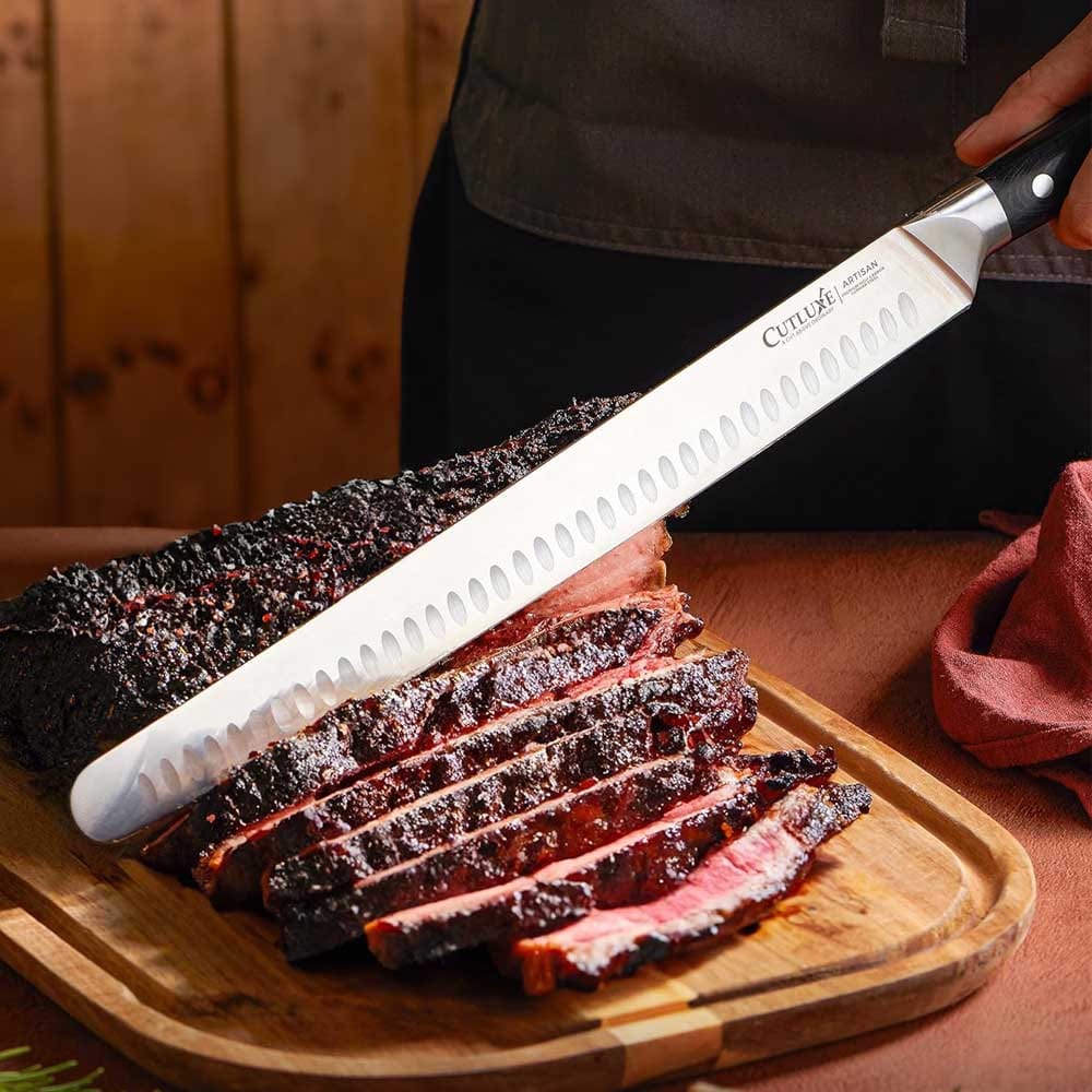 12-inch brisket carving knife with pakkawood handle and German high-carbon steel blade — premium slicing tool for BBQ lovers