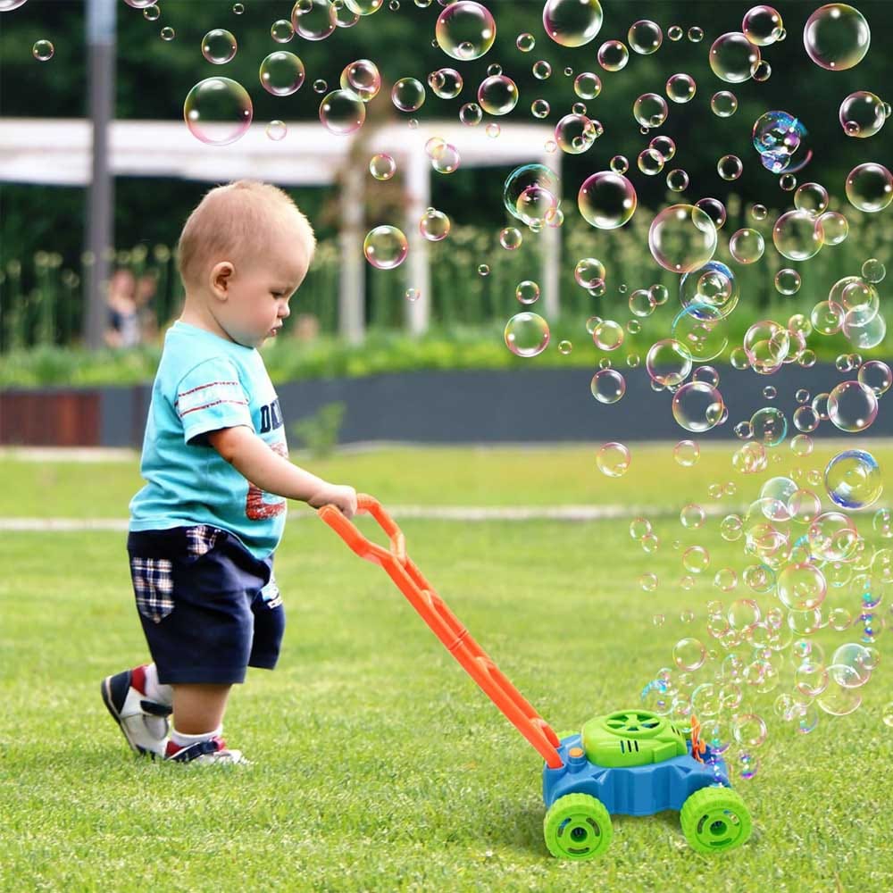 Toddler-sized bubble lawn mower toy with realistic sounds and colorful design — perfect for outdoor pretend play and bubble-filled fun