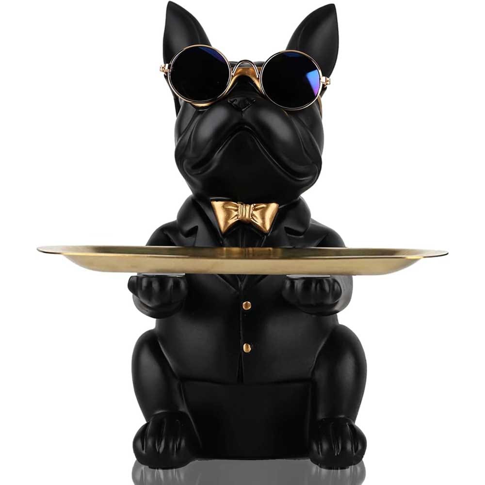 Resin French Bulldog statue with sunglasses, bow tie, and tray — fun and functional decorative gift for holding keys, coins, or candy