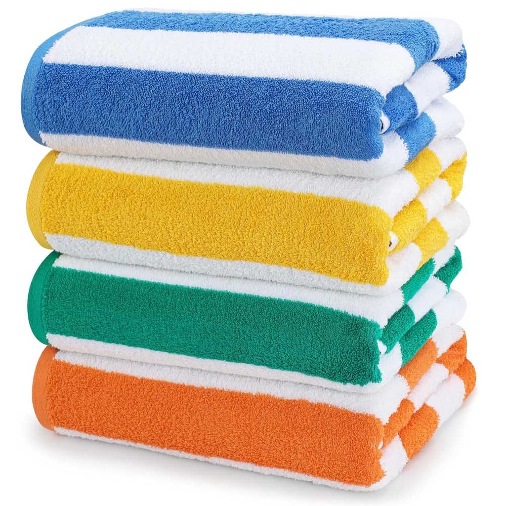 Set of four colorful cabana stripe beach towels — oversized, soft cotton towels for beach days, pool parties, and summer fun
