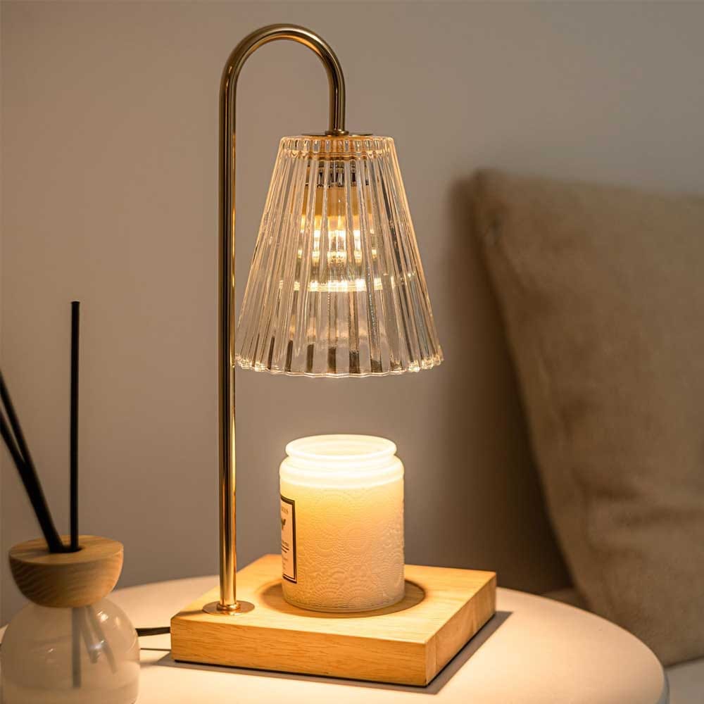 Flameless candle warmer lamp with wooden base and glass shade — a safe, stylish gift for moms who love home fragrance